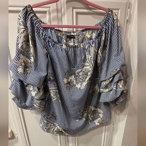 Style Envy Women's Off The Shoulder Blue Striped Floral Ruffle Blouse ~ Size Med